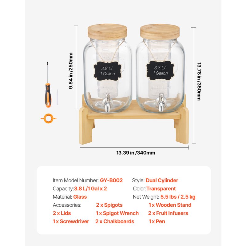 2 Pack 1 Gallon Glass Beverage Dispenser with Wooden Stand & Spigot