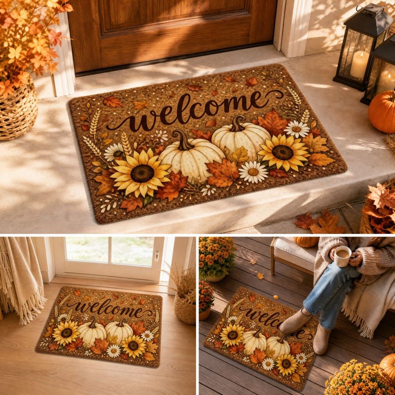 Fall Welcome Doormat with Pumpkin & Maple Leaves - Multicolor 001 - 16x24 Inch Outdoor & Indoor Rug