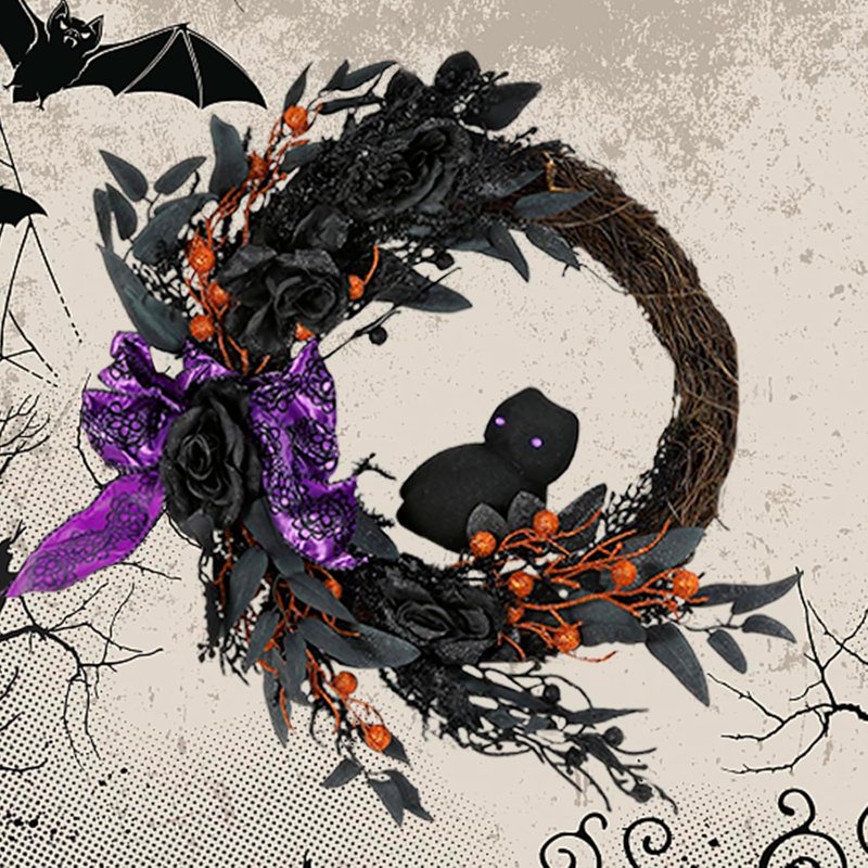 20-Inch Prelit Halloween Wreath with Purple Lights, Spooky Door Decor