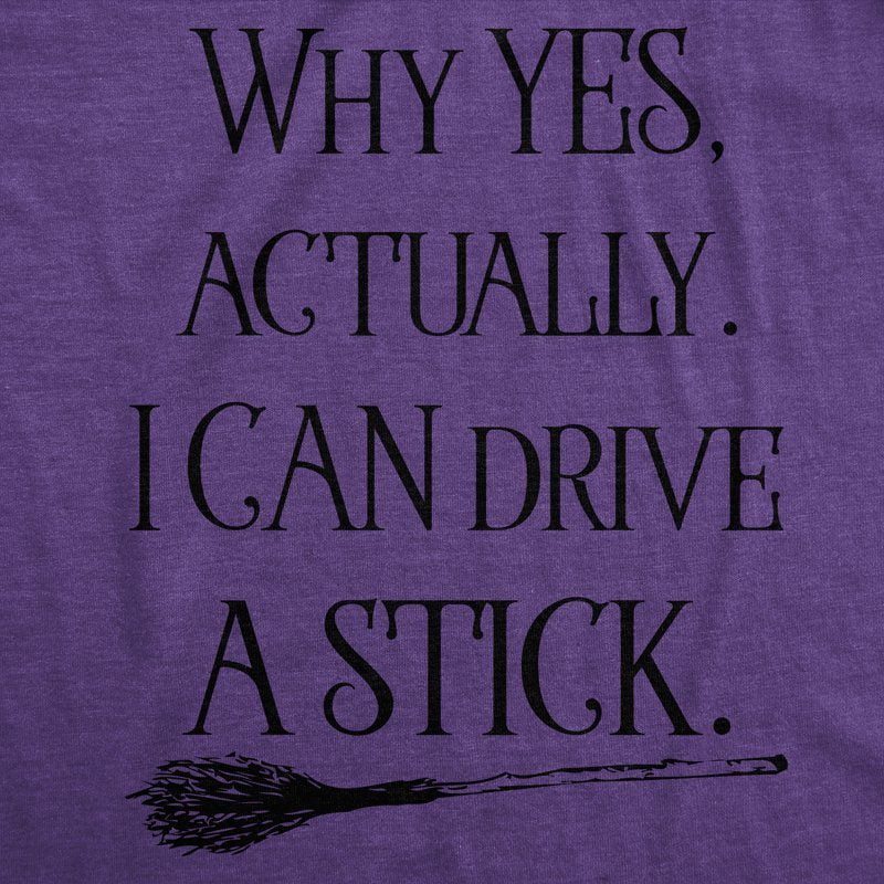 Women's Halloween Funny 'Why Yes I Can Drive a Stick' Witch T-Shirt - Heather Purple M