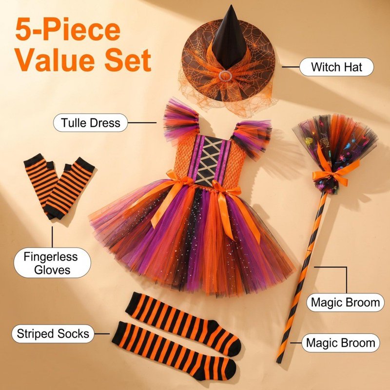 Kids Witch Costume Dress with Accessories - Multicolour, 5-6 Years