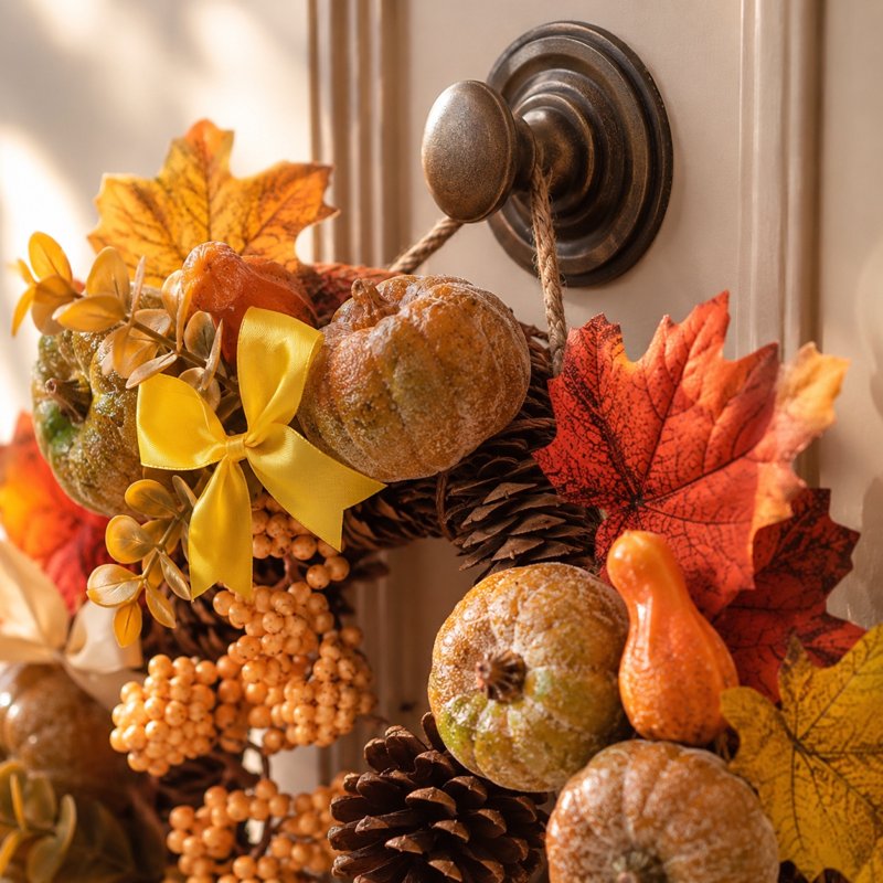 Fall Wreath for Front Door - Large Autumn Decor with Maple Leaves, Pinecones & Berries - B-9