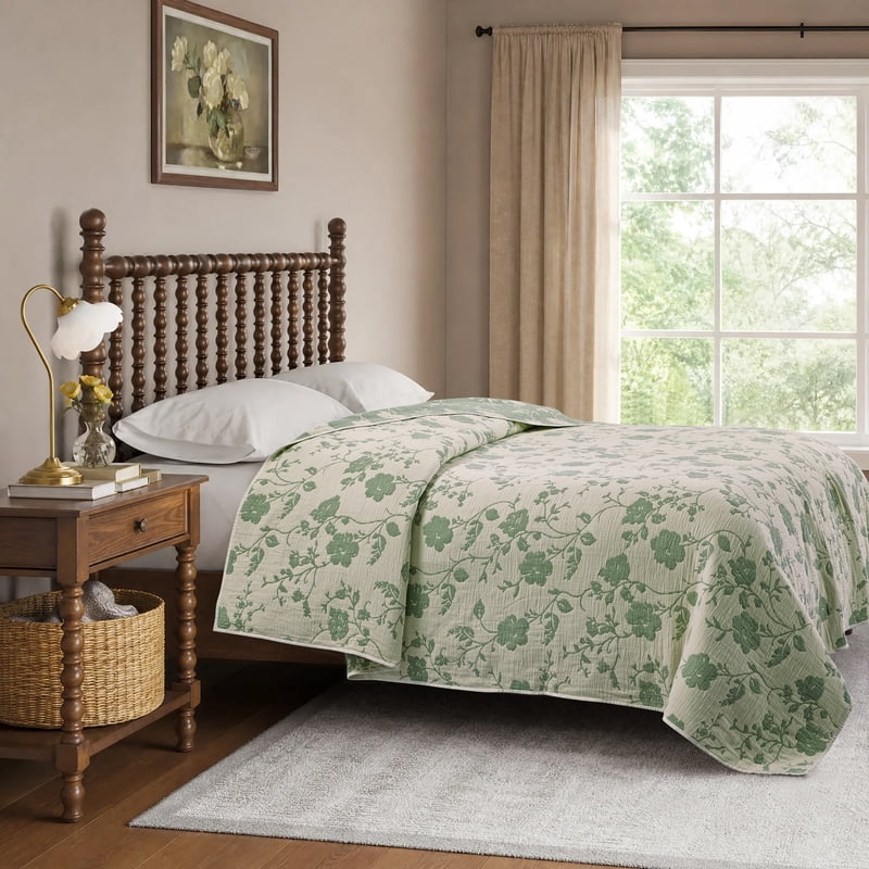The Pioneer Woman Agatha Floral Gauze Quilt King - Reversible Green River/White
