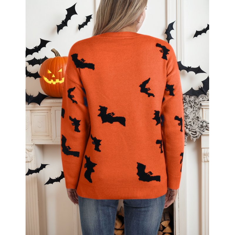 Halloween Bat Print Sweater for Women - Casual Knitted Pullover XL Orange Variation