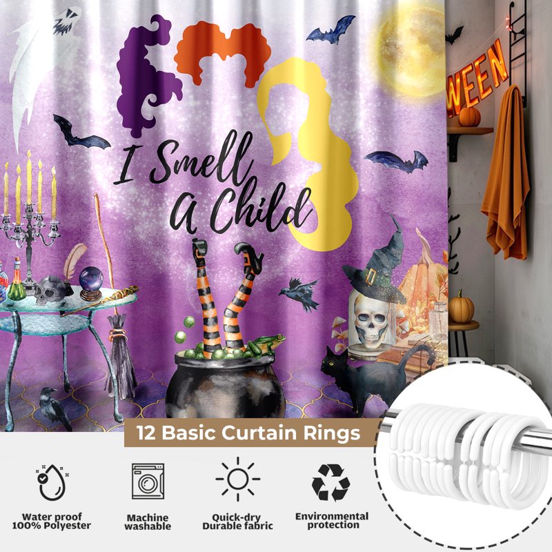 Seasonwood Halloween Shower Curtain with Witch Cauldron - Spooky Purple & Black Bathroom Decor