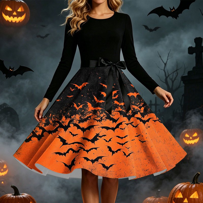 Women's Vintage Halloween Bat Print Swing Dress with Satin Sash - Orange, L