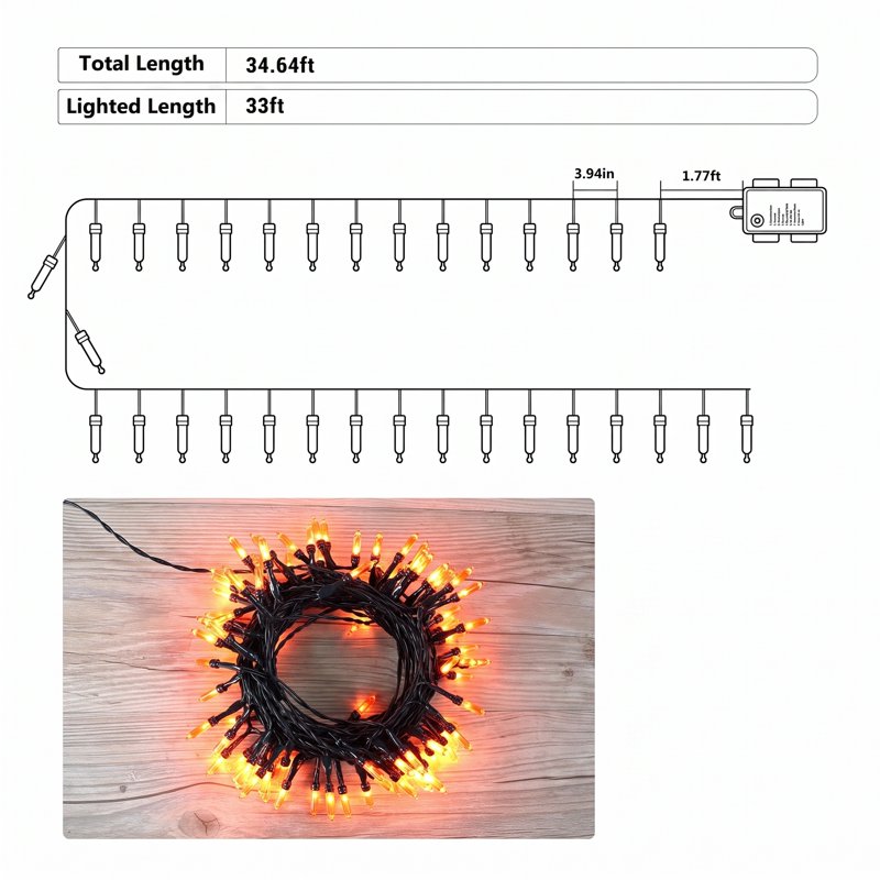 Halloween String Lights 33ft 100 LED Battery-Powered Waterproof Outdoor Indoor Orange & Purple