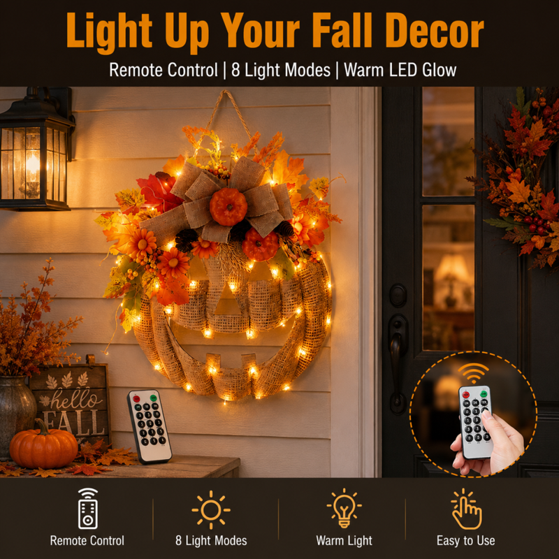 Lighted Burlap Pumpkin Wreath with Remote Control - Fall Door Decor with 8 Light Modes