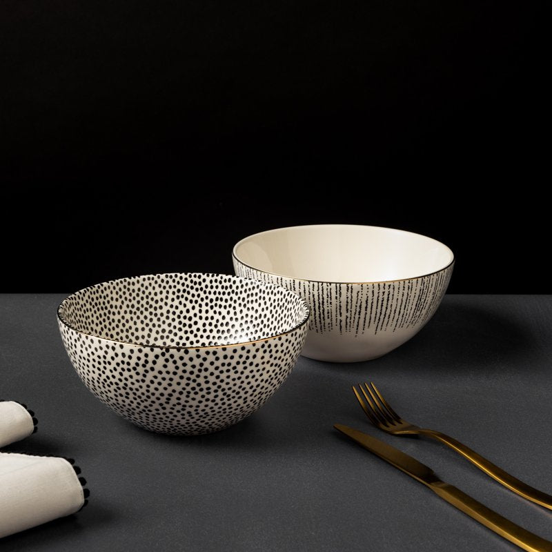 Large Stoneware Bowls Set - Assorted Dot & Stripe Designs