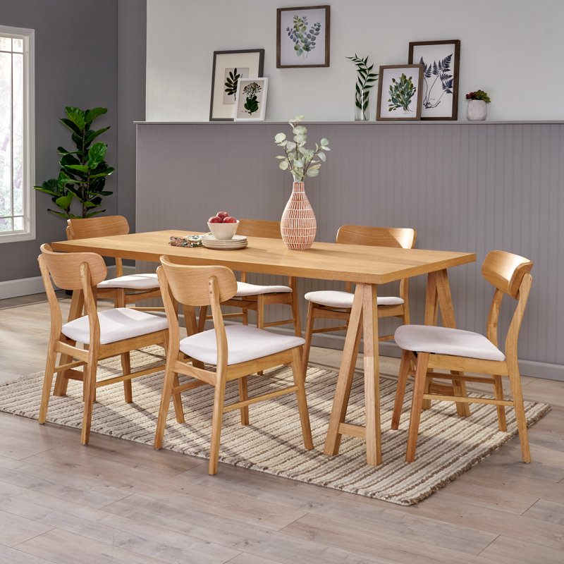 Mid-Century Modern 7 Piece Dining Set - Light Beige/Natural Oak