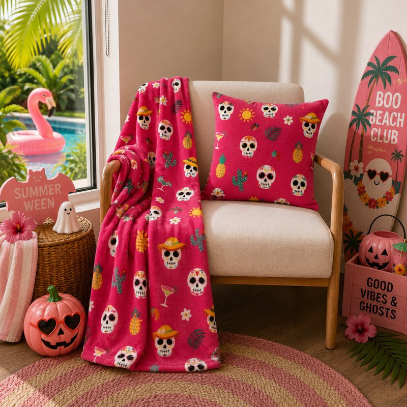 Summerween 18x18 Pink Fiesta Skulls Plush Decorative Pillow - Halloween Vibe