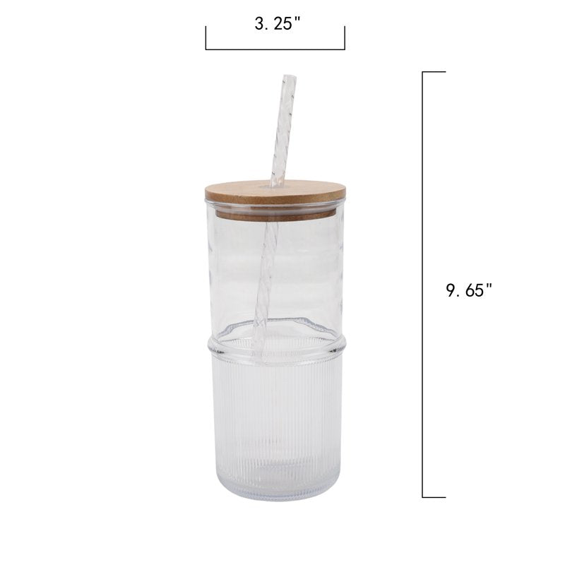 22-Ounce Clear Ribbed Tritan Tumbler with Acacia Wood Lid and Straw