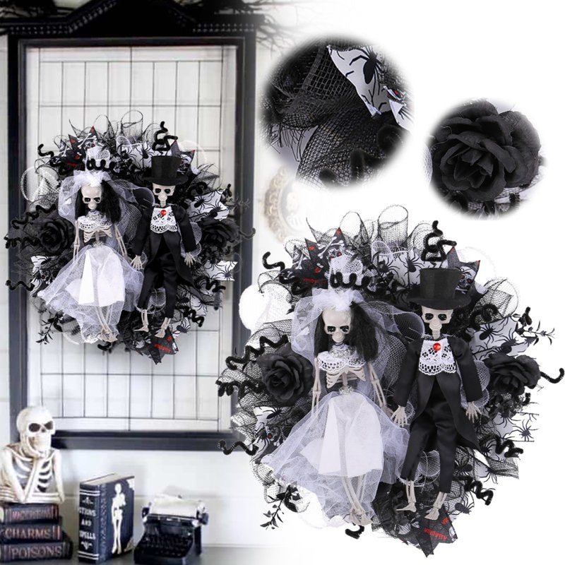 Halloween Creepy Wreath for Front Door 16 Inch Skeleton Bride and Groom Decor