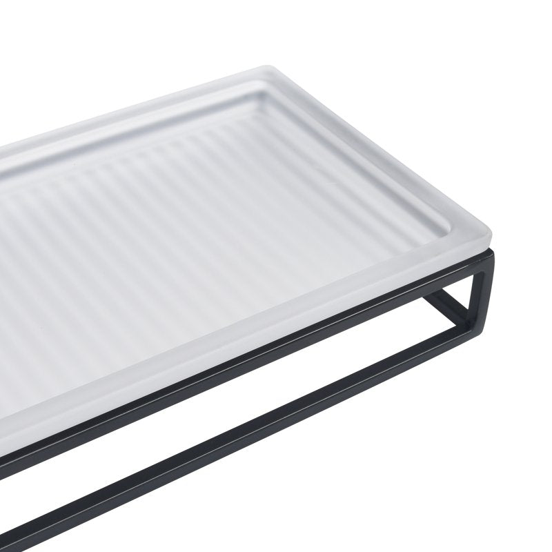 Ribbed Glass and Metal Vanity Tray - White with Black Accents