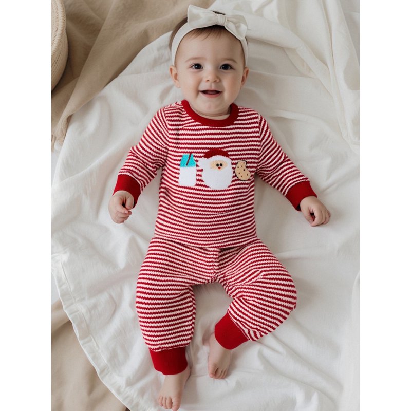 Toddler Boy Girl Christmas Outfit Set 2T Style 14 Santa Embroidery Striped Long Sleeve Pullover and Pants