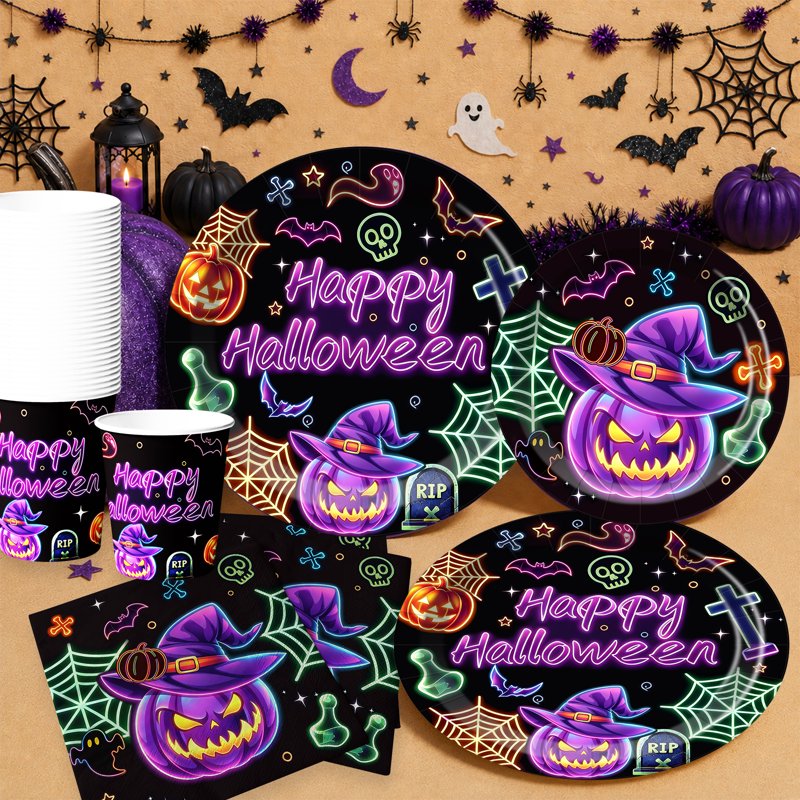 Halloween Evil Pumpkin Neon Tableware Set for 24 Guests - Disposable Party Supplies