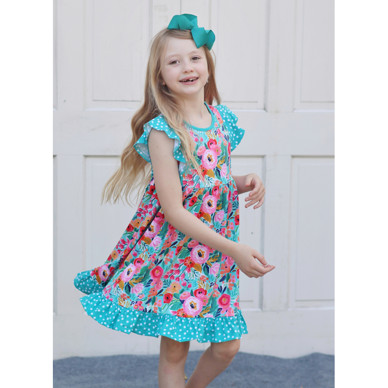 Light Turquoise Girls Floral Angel Sleeve Dress & Matching Shorts Set - 3T
