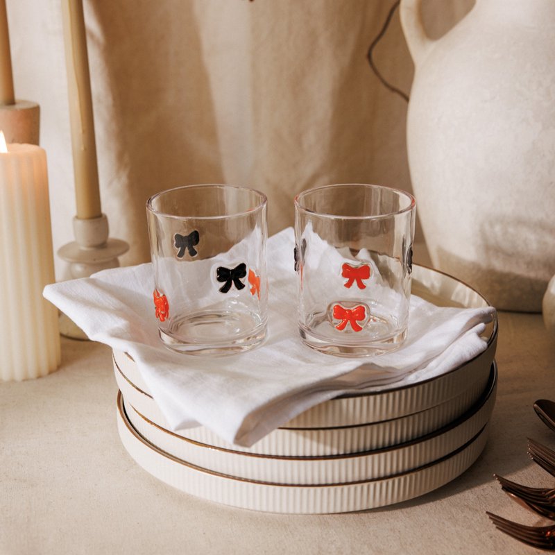 Halloween Drinking Glasses Set - 12 oz Orange & Black Bow, 2 Pack