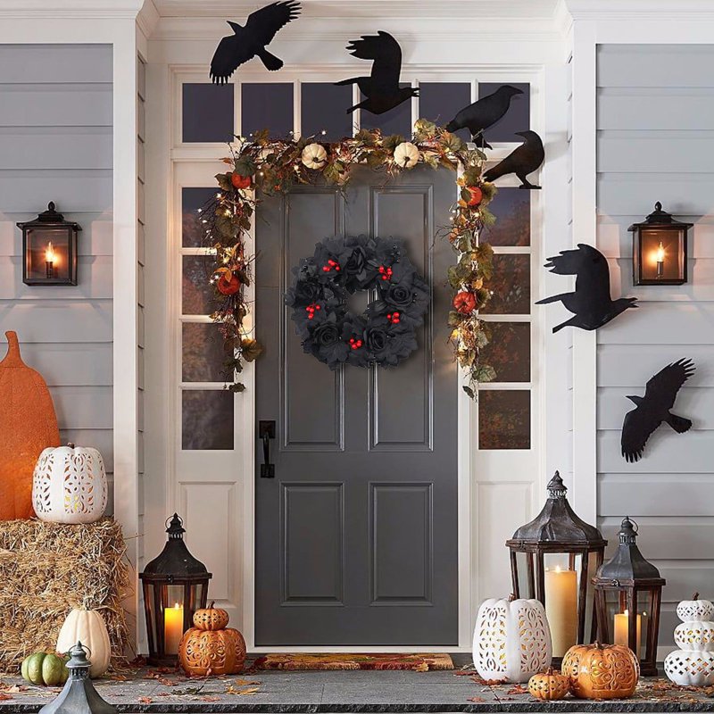 Halloween Wreath with Bats and Skulls - 17 Inch Black and Purple Gothic Decor with Berry Variation