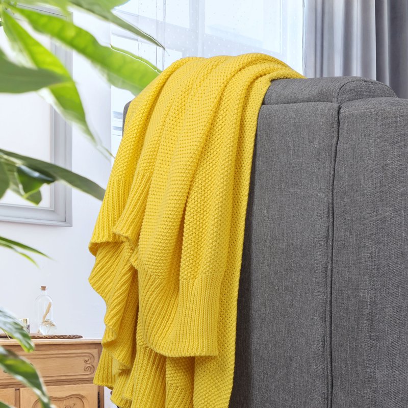 Pure Cotton Cable Knit Throw Blanket - 51 x 59 Inches - Yellow