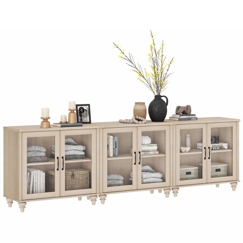 Light Beige 85-Inch TV Stand with 6 Glass Doors & Storage