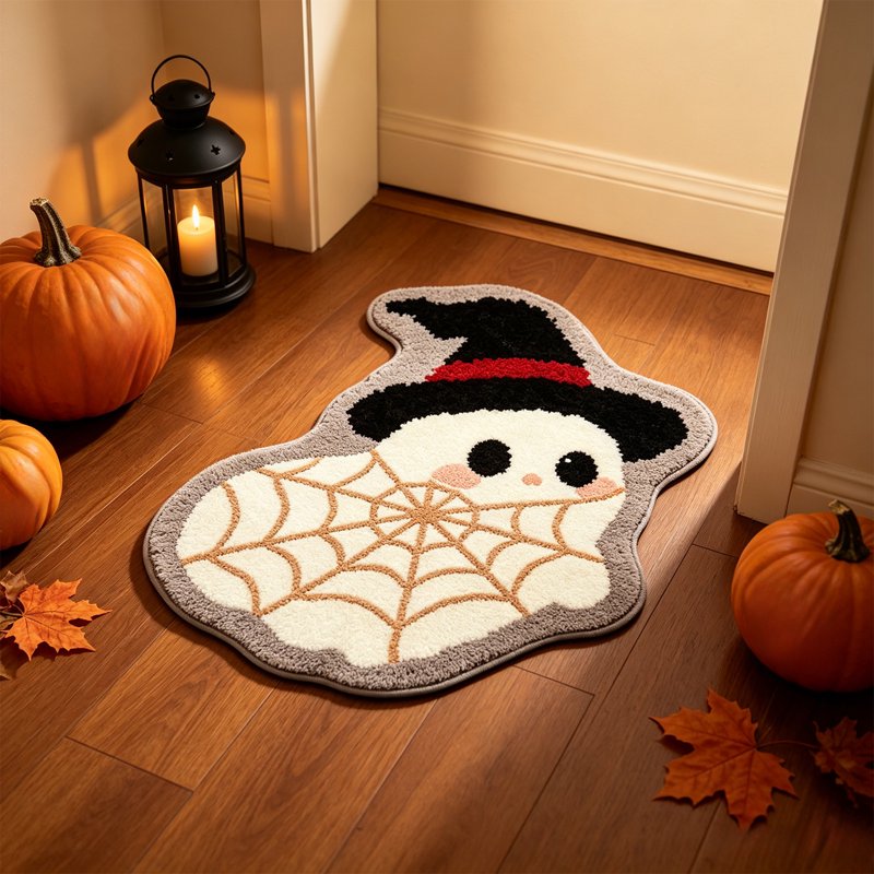 Halloween Ghost Doormat with Web Design - Washable Indoor Outdoor Rug, 70x45cm - Ghost Shaped Mat with Grip - Variation of Ghost Mat Spider Web O