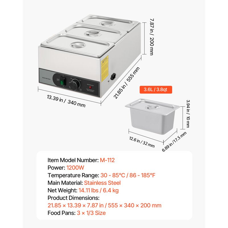 1200W Electric Food Warmer - Stainless Steel Steam Table with 3 Food Pans