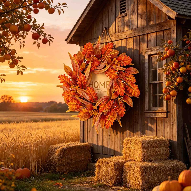Thanksgiving Fall Front Door Wreath - Artificial Harvest Decor, Indoor Outdoor Wall Hanging - Variation 002-Thanksgiving