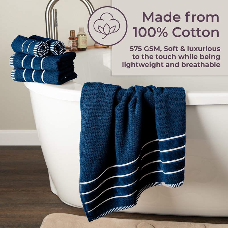 Luxury 6-Piece Cotton Bath Towel Set with Rice Weave - Navy
