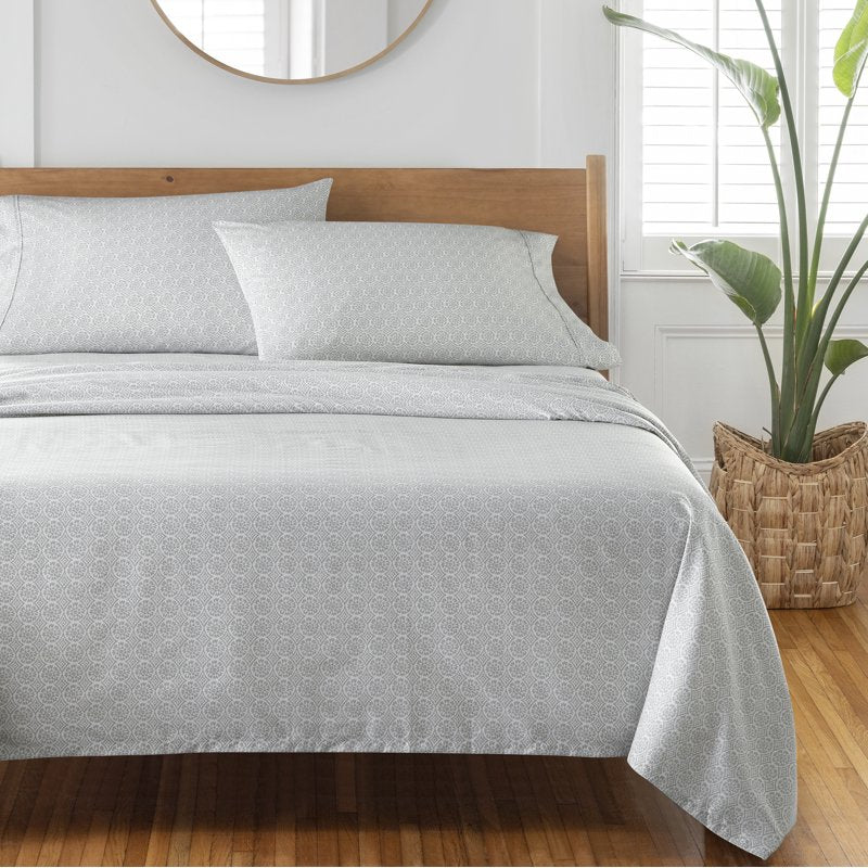 Twin Cotton Sateen Sheet Set with Wrinkle-Resistant Finish - Suzani Soft Silver