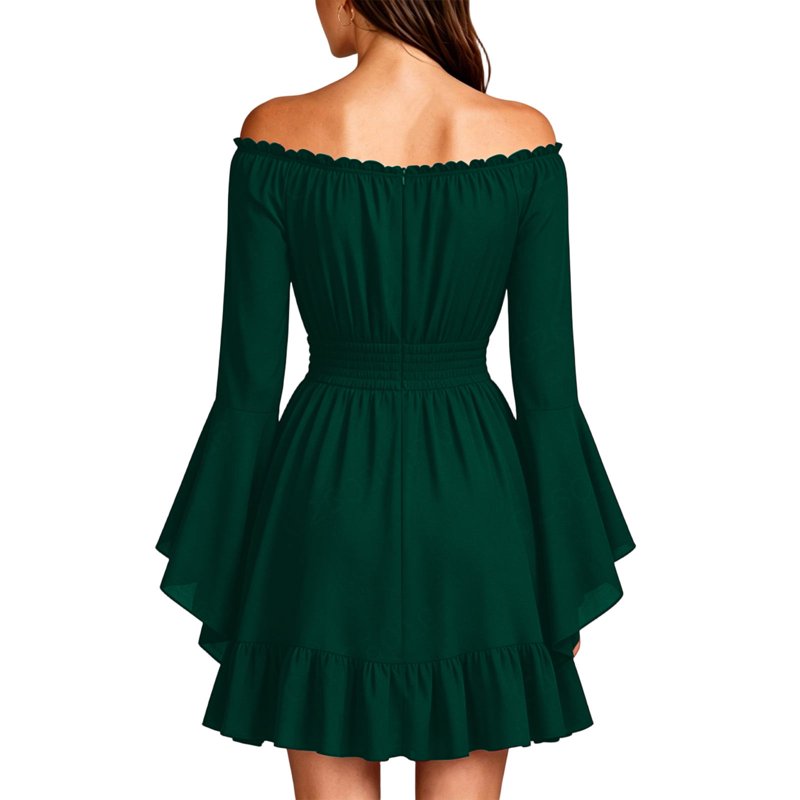Green Women's Gothic Pirate Mini Dress with Off Shoulder Bell Sleeves - Large