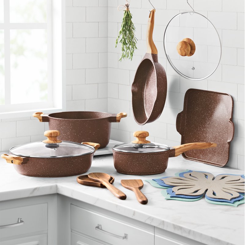 14-Piece Cast Aluminum Cookware Set - Brown Speckle