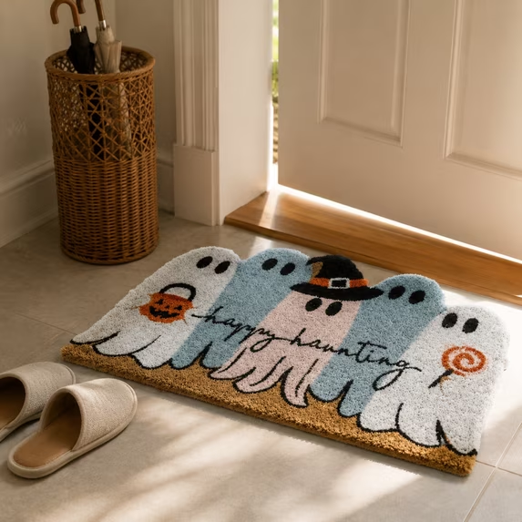 Halloween Ghost Welcome Doormat - Spooky Entryway Rug with Pumpkin & Polka Dot Background - Variation 05_Ghost Doormat Prod20 E