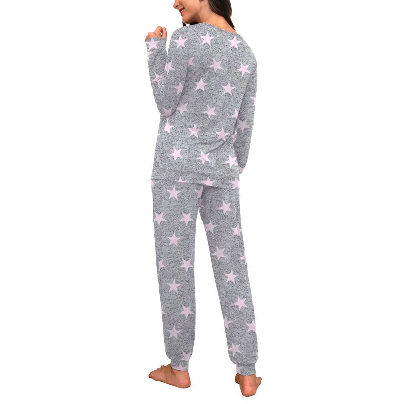 Pink Star Womens Pajama Set Long Sleeve Sleepwear with Pockets - XL