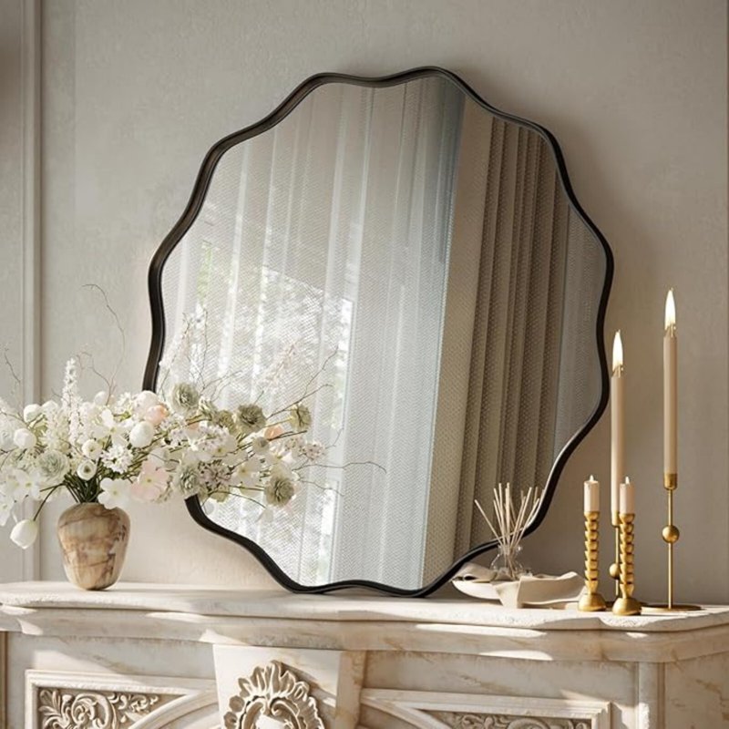 24-Inch Wavy Round Bathroom Mirror Wall Mounted Vanity Mirror Black - AUROMIR