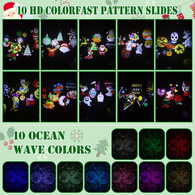 Holiday Projection Lights with 10-Color Ocean Wave & Festive Slides - Indoor/Outdoor LED Lamp