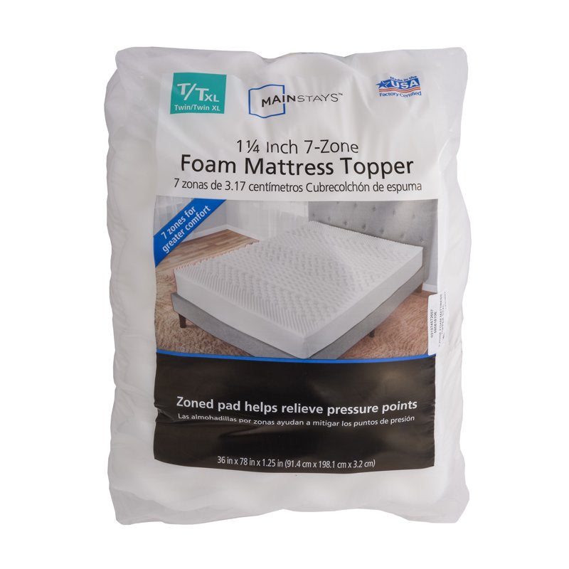 (2 Pack) Foam Mattress Topper for Twin/Twin-XL Beds - 1.25-Inch, 7-Zone, White, Mainstays