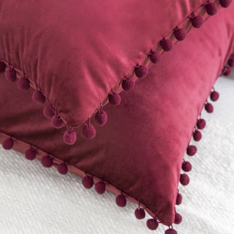 12x20 Velvet Throw Pillow Set - Dark Red Decorative Cushion with Pom Poms - 2 Pack