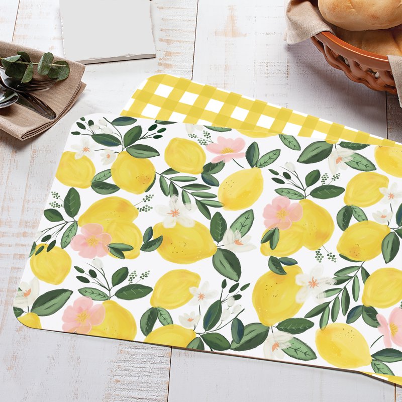 Reversible Lemons on the Vine Plastic Placemats - 4 Pack