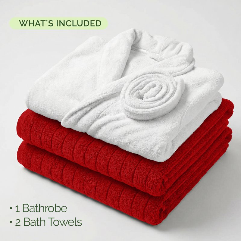 Red Spa Bath Set - Plush Bathrobe & 2 Ribbed Towels, Small - Hotel Quality