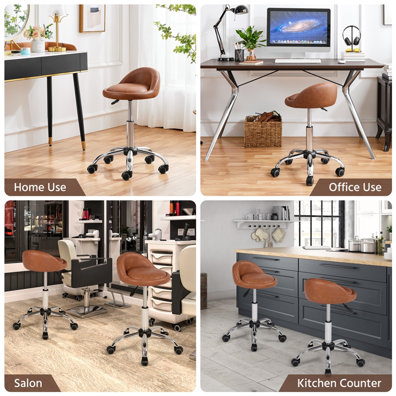 PU Leather Rolling Salon Stool with 360° Swivel - Brown