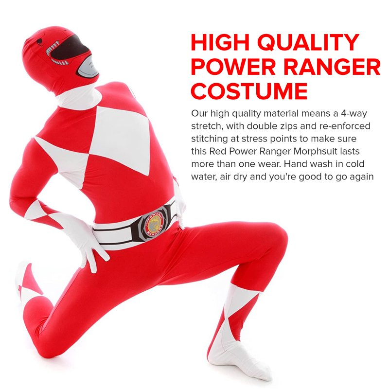 Adult Red Power Ranger Morphsuit Costume M - Superhero Fancy Dress Halloween