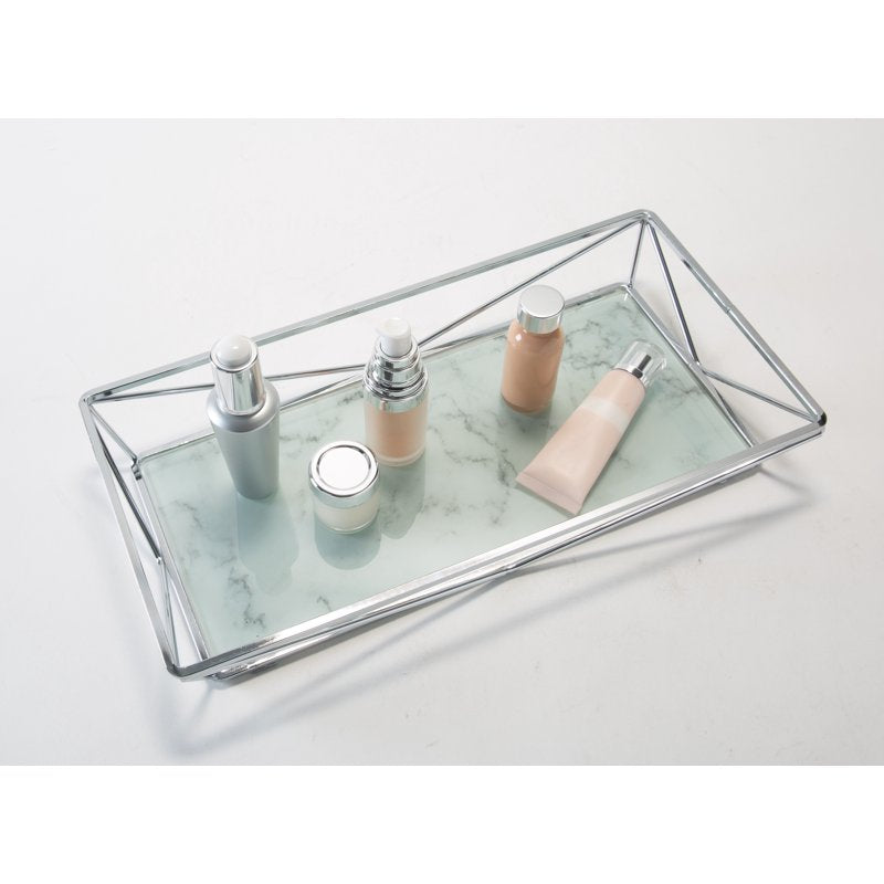Large Marble Agate Rectangular Vanity Tray - Chrome Finish