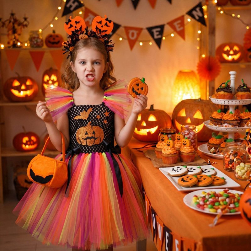 Multicolour Girls Halloween Costume Dress with Accessories for 9-10 Years - Princess Pumpkin Theme