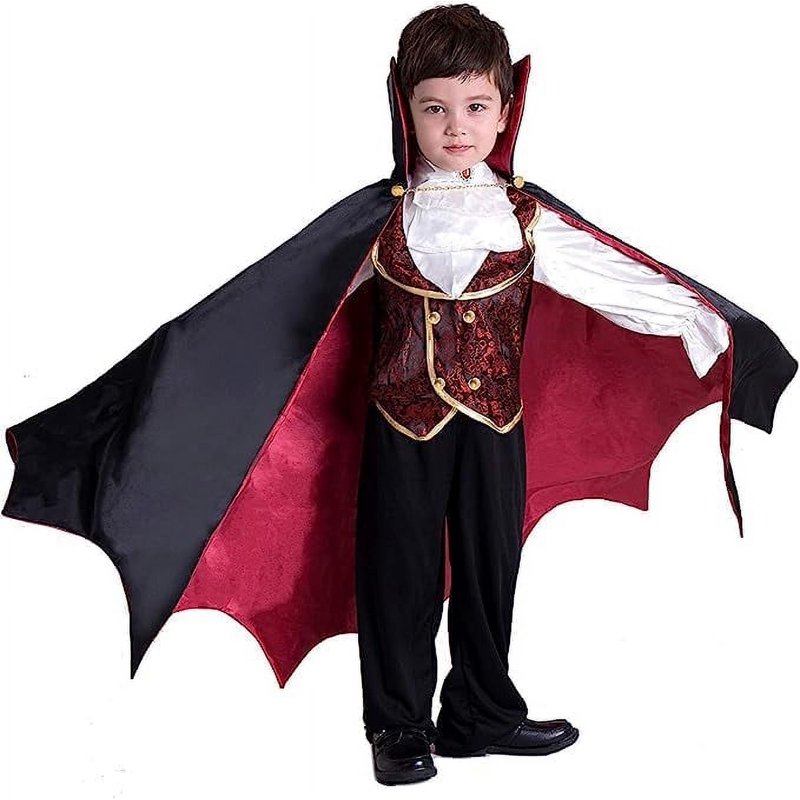 Kids Vampire Costume Gothic Halloween Dress Up - Black & Red, 5-7 Years