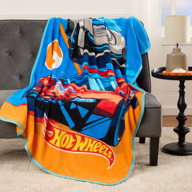 Kids Blue Print Fleece Throw Blanket - Hot Wheels Race Car Design, 46 x 60