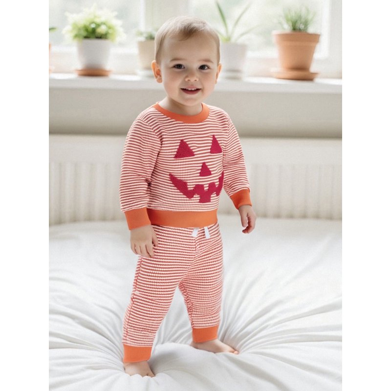 Toddler Boys Girls Halloween 2-Piece Pants Outfit Set - Pumpkin Embroidery & Striped Pants, Style 26, 2-3 Years