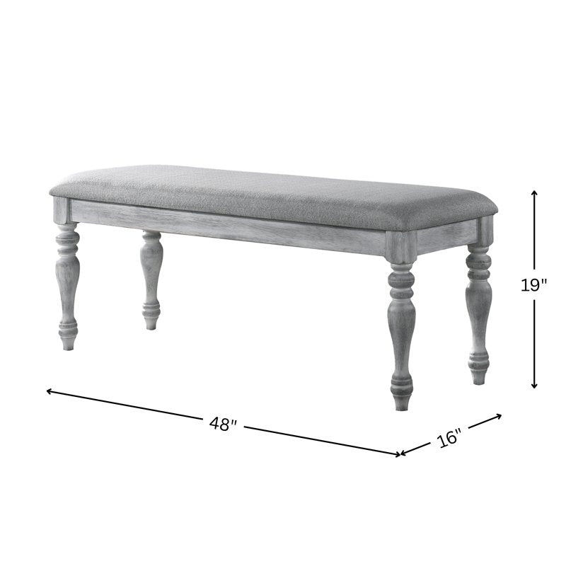 Upholstered Dining Bench with Turned Legs - Rustic White