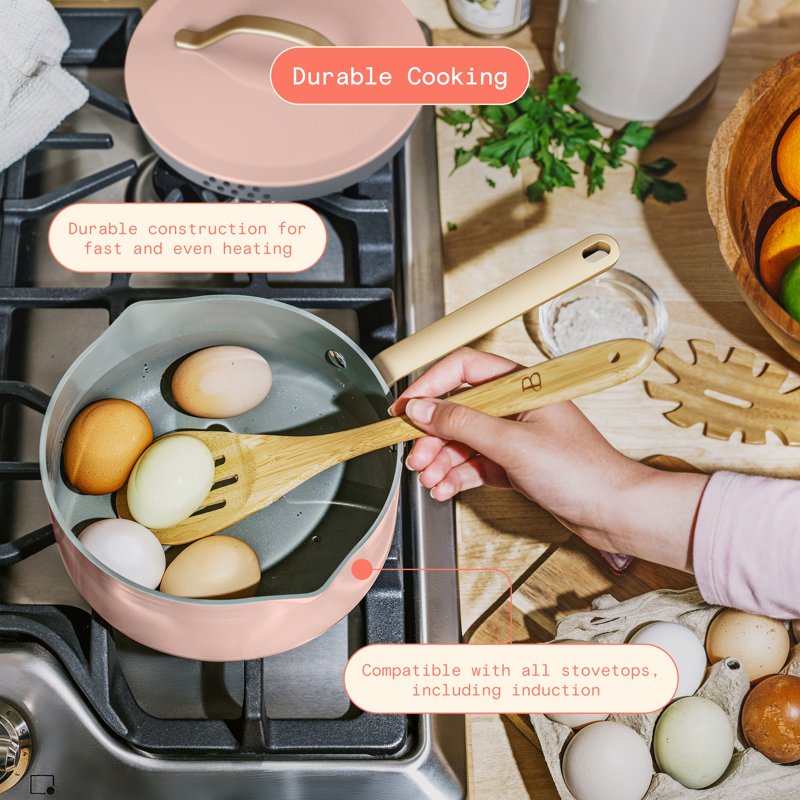 12-Piece Ceramic Nonstick Cookware Set with Strainer Lids - Rose