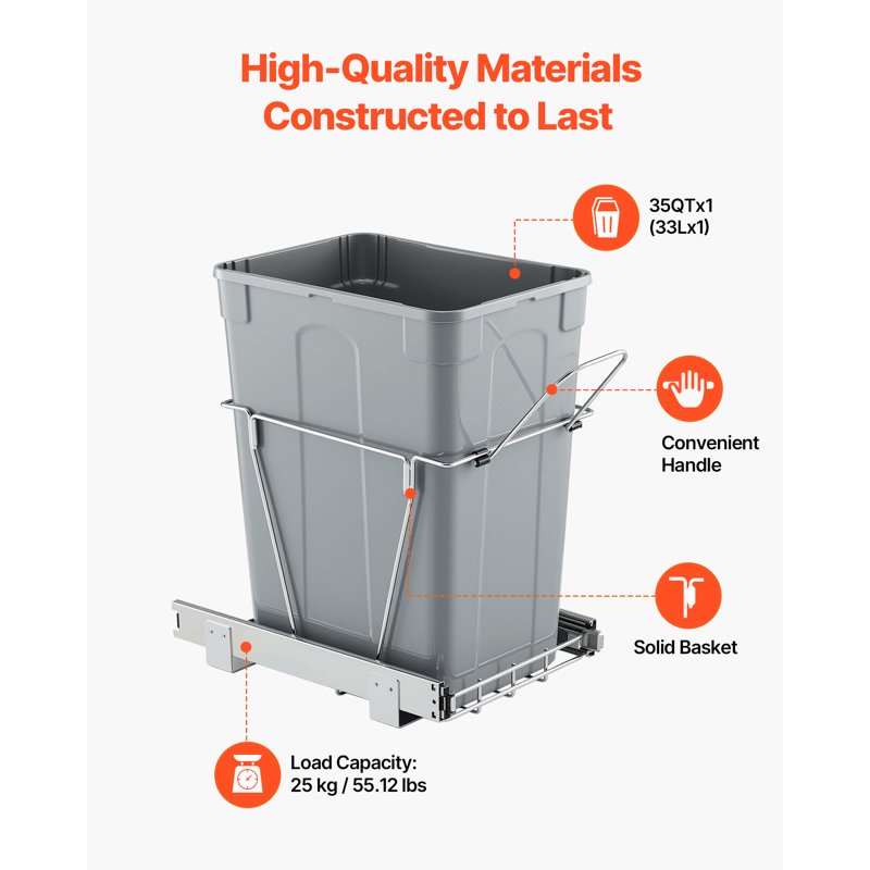 Pull-Out Trash Can - 35QT Under-Sink Waste Bin with Metal Slides